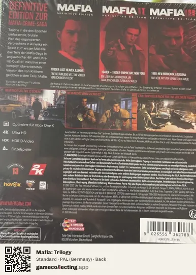 Mafia: Trilogy Xbox One, Germany box back