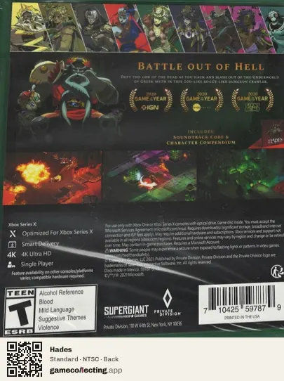 Hades Xbox Series X, NTSC box back