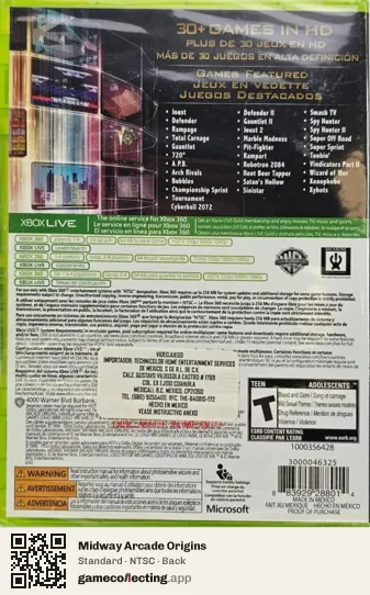 Midway Arcade Origins Xbox 360, NTSC box back