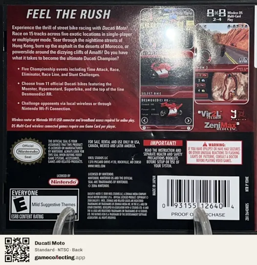 Ducati Moto Nintendo DS, NTSC box back