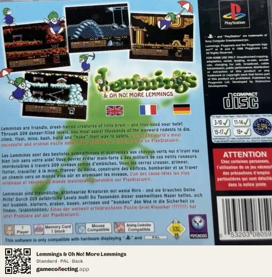 Lemmings & Oh No! More Lemmings PlayStation, PAL box back