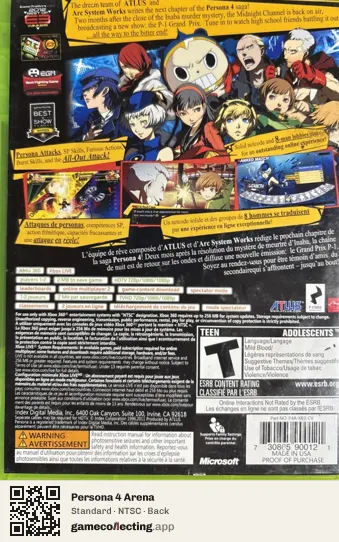Persona 4 Arena Xbox 360, NTSC box back