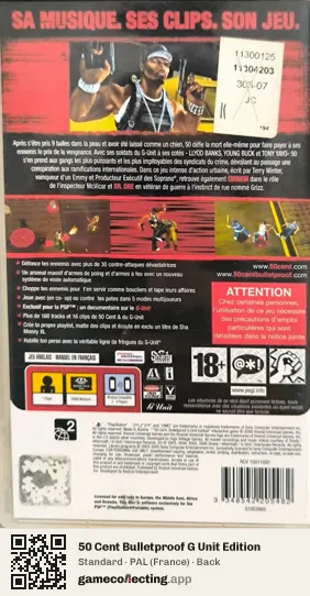 50 Cent Bulletproof G Unit Edition PlayStation Portable, France box back