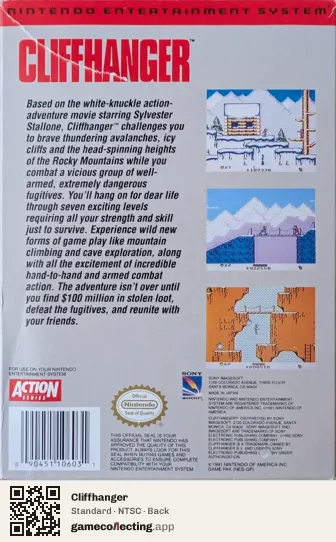 Cliffhanger Nintendo Entertainment System, NTSC box back