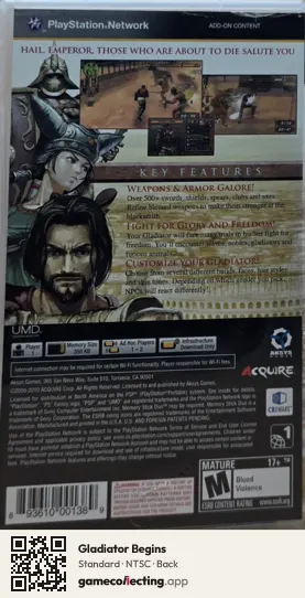 Gladiator Begins PlayStation Portable, NTSC box back