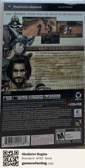 Gladiator Begins PlayStation Portable, NTSC box back