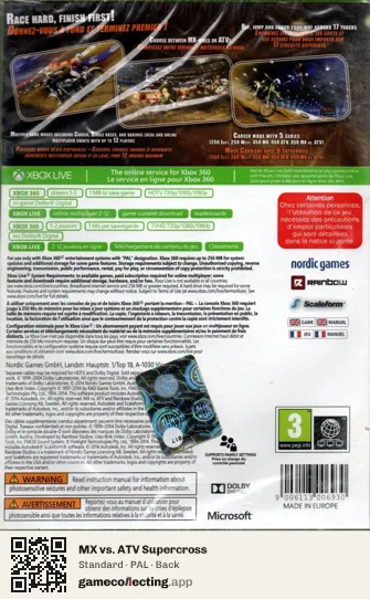 MX vs. ATV Supercross Xbox 360, PAL box back