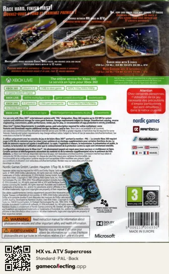 MX vs. ATV Supercross Xbox 360, PAL box back