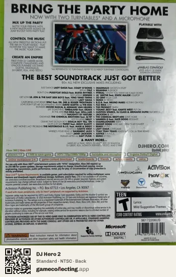 DJ Hero 2 Xbox 360, NTSC box back