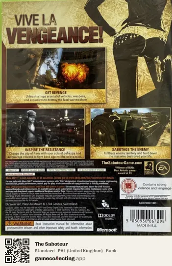 The Saboteur Xbox 360, United Kingdom box back
