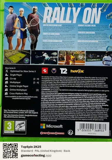 TopSpin 2K25 Xbox Series X, United Kingdom box back