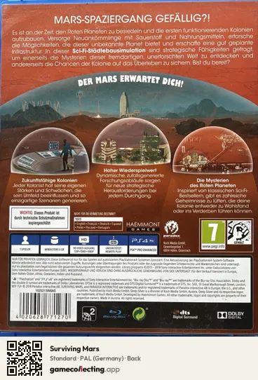 Surviving Mars PlayStation 4, Germany box back