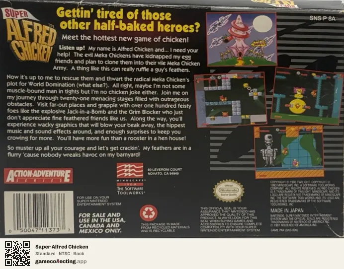 Super Alfred Chicken Super Nintendo Entertainment System, NTSC box back