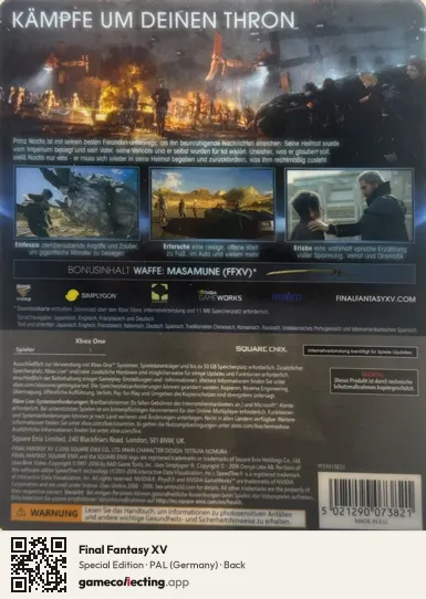 Final Fantasy XV Xbox One, Germany box back