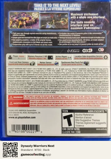Dynasty Warriors Next PlayStation Vita, NTSC box back