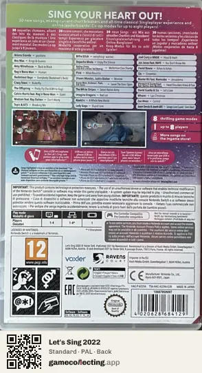 Let's Sing 2022 Nintendo Switch, PAL box back