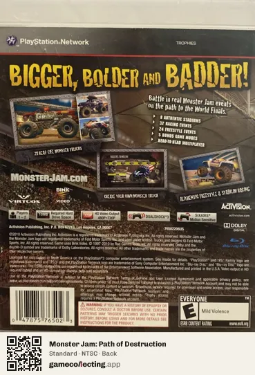 Monster Jam: Path of Destruction PlayStation 3, NTSC box back
