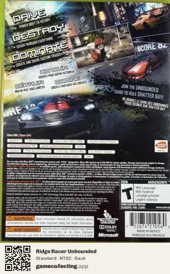 Ridge Racer Unbounded Xbox 360, NTSC box back