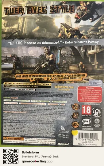 Bulletstorm Xbox 360, France box back