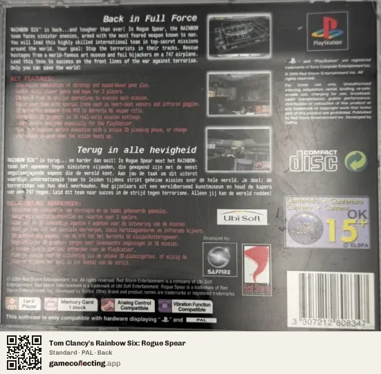 Tom Clancy's Rainbow Six: Rogue Spear PlayStation, PAL box back