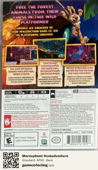 Marsupilami: Hoobadventure Nintendo Switch, NTSC box back