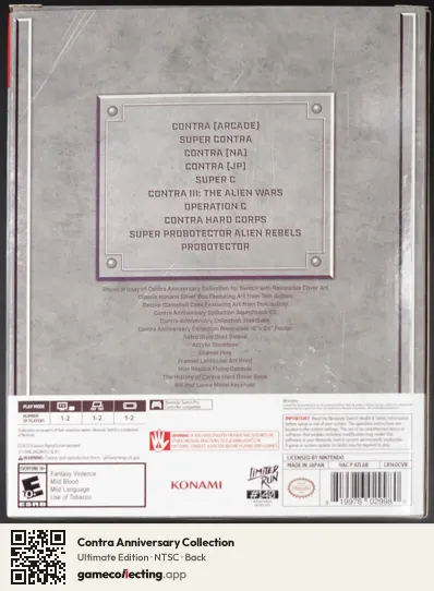 Contra Anniversary Collection Nintendo Switch, NTSC box back