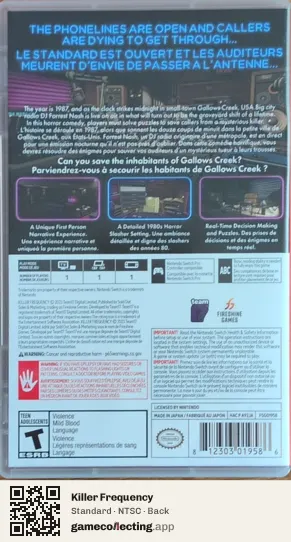 Killer Frequency Nintendo Switch, NTSC box back