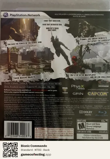 Bionic Commando PlayStation 3, NTSC box back