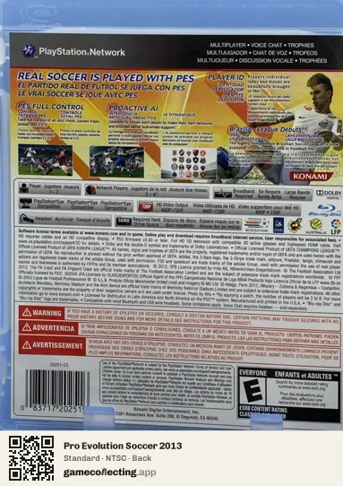 Pro Evolution Soccer 2013 PlayStation 3, NTSC box back