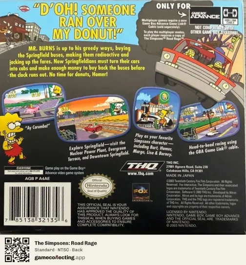 The Simpsons: Road Rage Game Boy Advance, NTSC box back