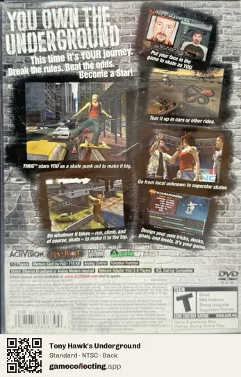 Tony Hawk's Underground PlayStation 2, NTSC box back