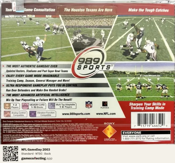 NFL GameDay 2003 PlayStation, NTSC box back