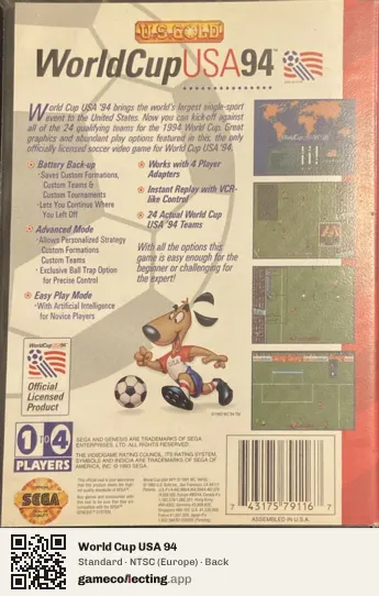 World Cup USA 94 Sega Mega Drive / Genesis, Europe box back