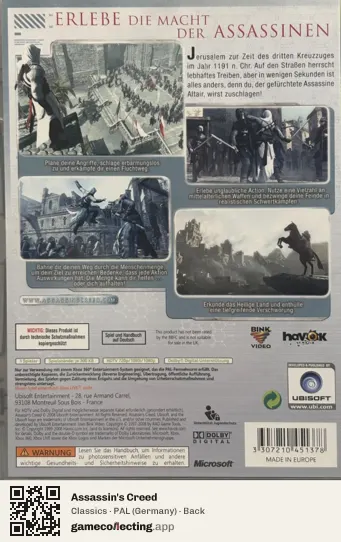 Assassin's Creed Xbox 360, Germany box back