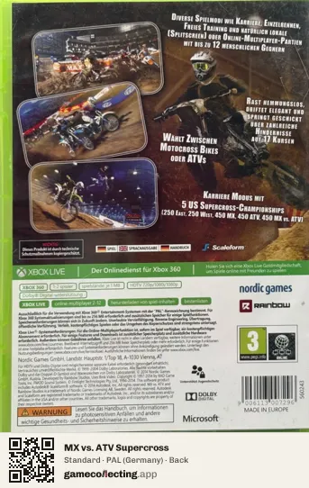 MX vs. ATV Supercross Xbox 360, Germany box back