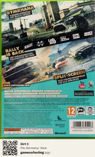 Dirt 3 Xbox 360, Germany box back
