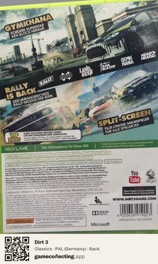Dirt 3 Xbox 360, Germany box back