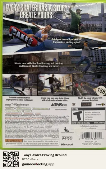 Tony Hawk's Proving Ground Xbox 360, NTSC box back