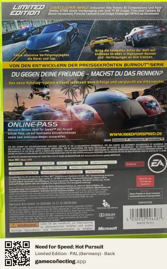Need for Speed: Hot Pursuit Xbox 360, Germany box back