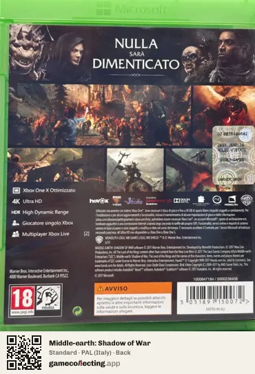 Middle-earth: Shadow of War Xbox One, Italy box back