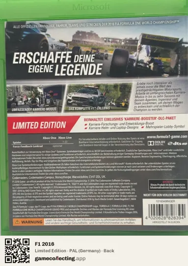 F1 2016 Xbox One, Germany box back