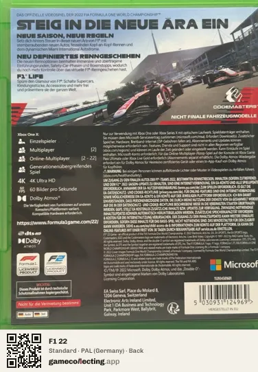 F1 22 Xbox One, Germany box back