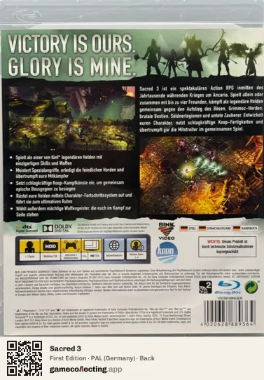 Sacred 3 PlayStation 3, Germany box back