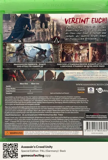 Assassin's Creed Unity Xbox One, Germany box back