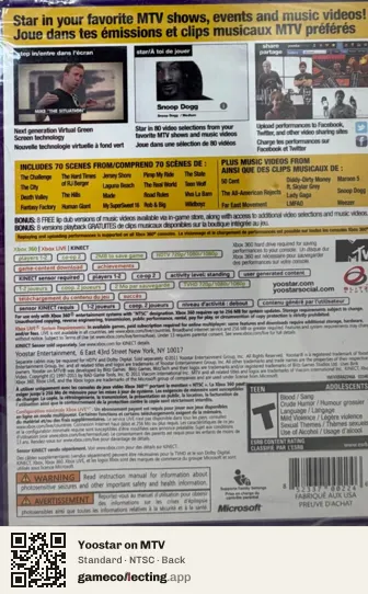 Yoostar on MTV Xbox 360, NTSC box back