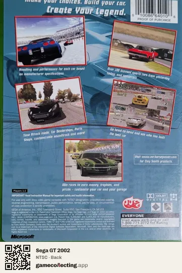 Sega GT 2002 Xbox, NTSC box back