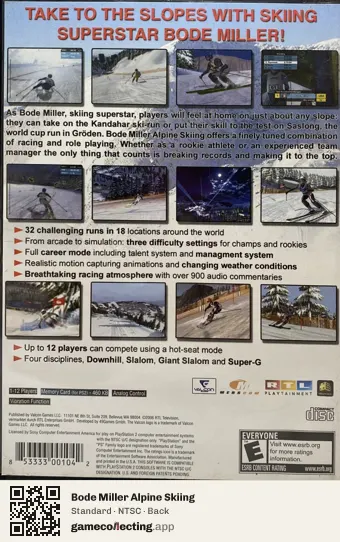 Bode Miller Alpine Skiing PlayStation 2, NTSC box back