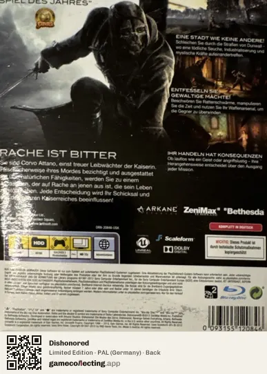 Dishonored PlayStation 3, Germany box back