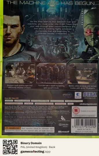 Binary Domain Xbox 360, United Kingdom box back