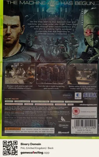 Binary Domain Xbox 360, United Kingdom box back